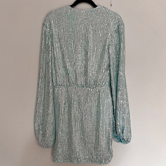 New ASOS DESIGN Wrap Mini Dress with Volume Sleeve in Mint Sequin - Picture 11 of 14